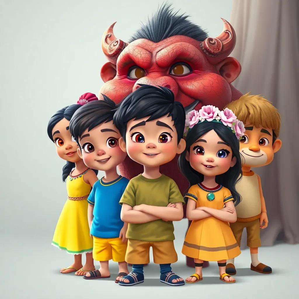 Un grupo de niños valientes, Maya con cabello rizado y vestido amarillo, Tomás con camiseta azul, Lila con trenzas y corona de flores, y Leo sonriente, frente a un anciano hongo, arte digital, amigable y colorido