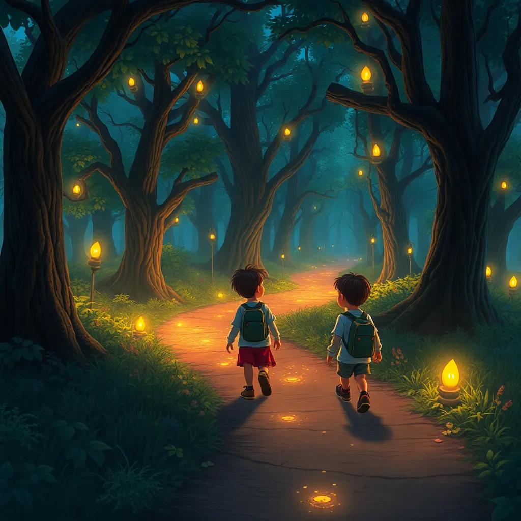 Niños siguiendo un camino de luces doradas en un bosque encantado, árboles que susurran secretos, ambiente mágico, arte digital, vibrante y detallado