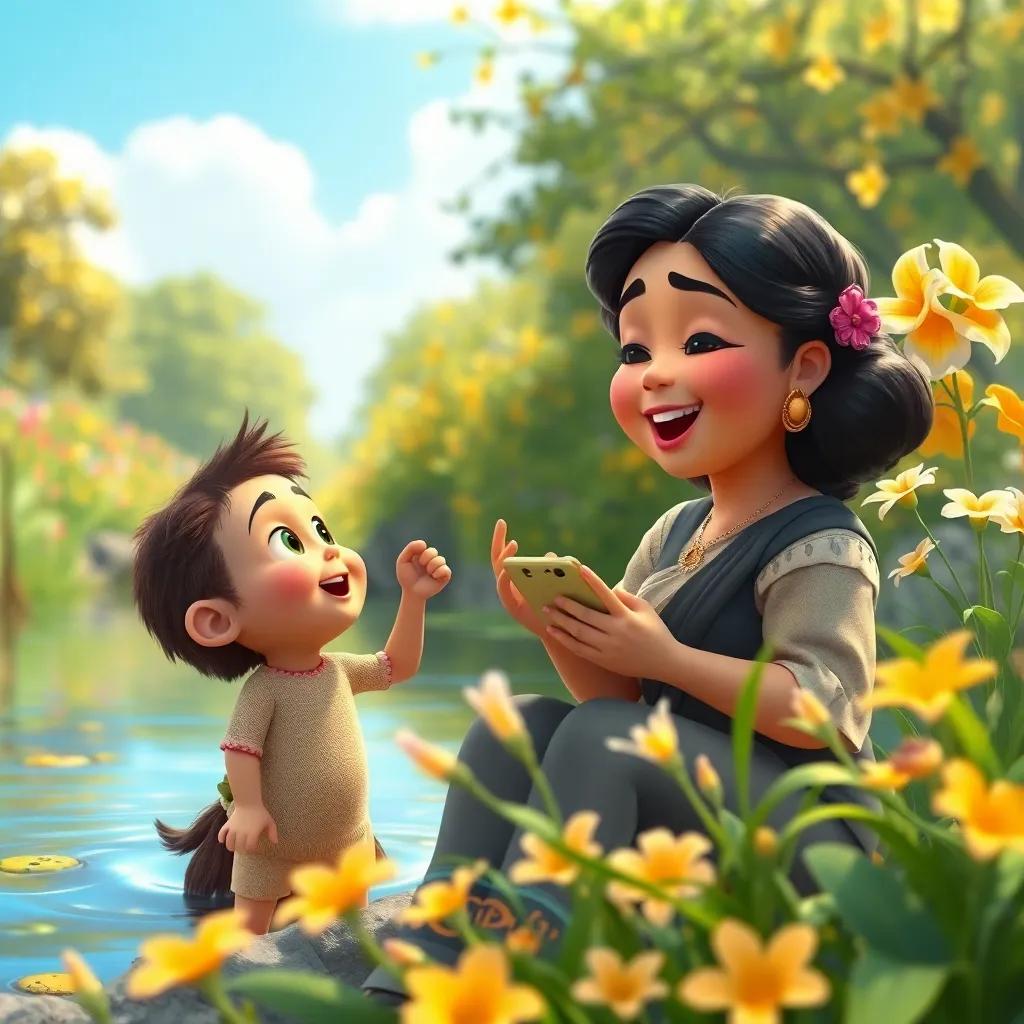 Maya cantando cerca del río con flores alrededor, Tomás riendo y las flores abriendo sus pétalos, un ambiente lleno de alegría, arte digital, cálido y encantador