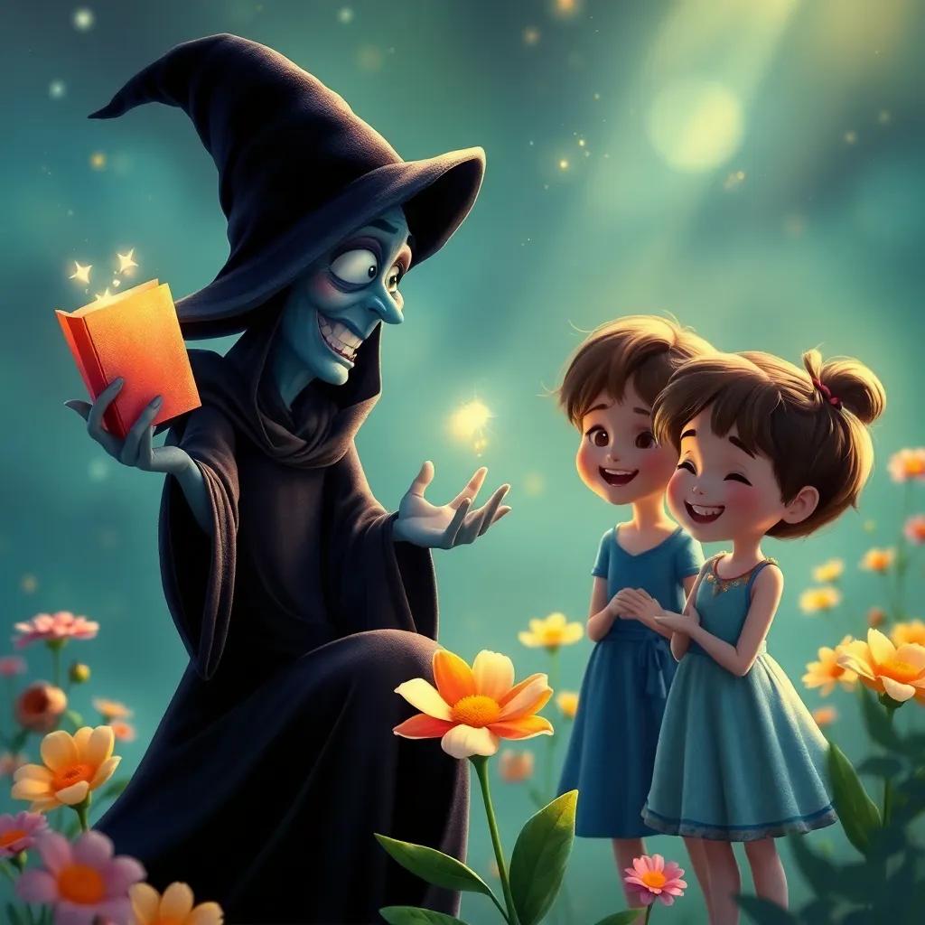 La bruja malvada tratando de oscurecer el canto de las flores, pero las risas de los niños brillando como luz brillante, arte digital, emocionante y épico