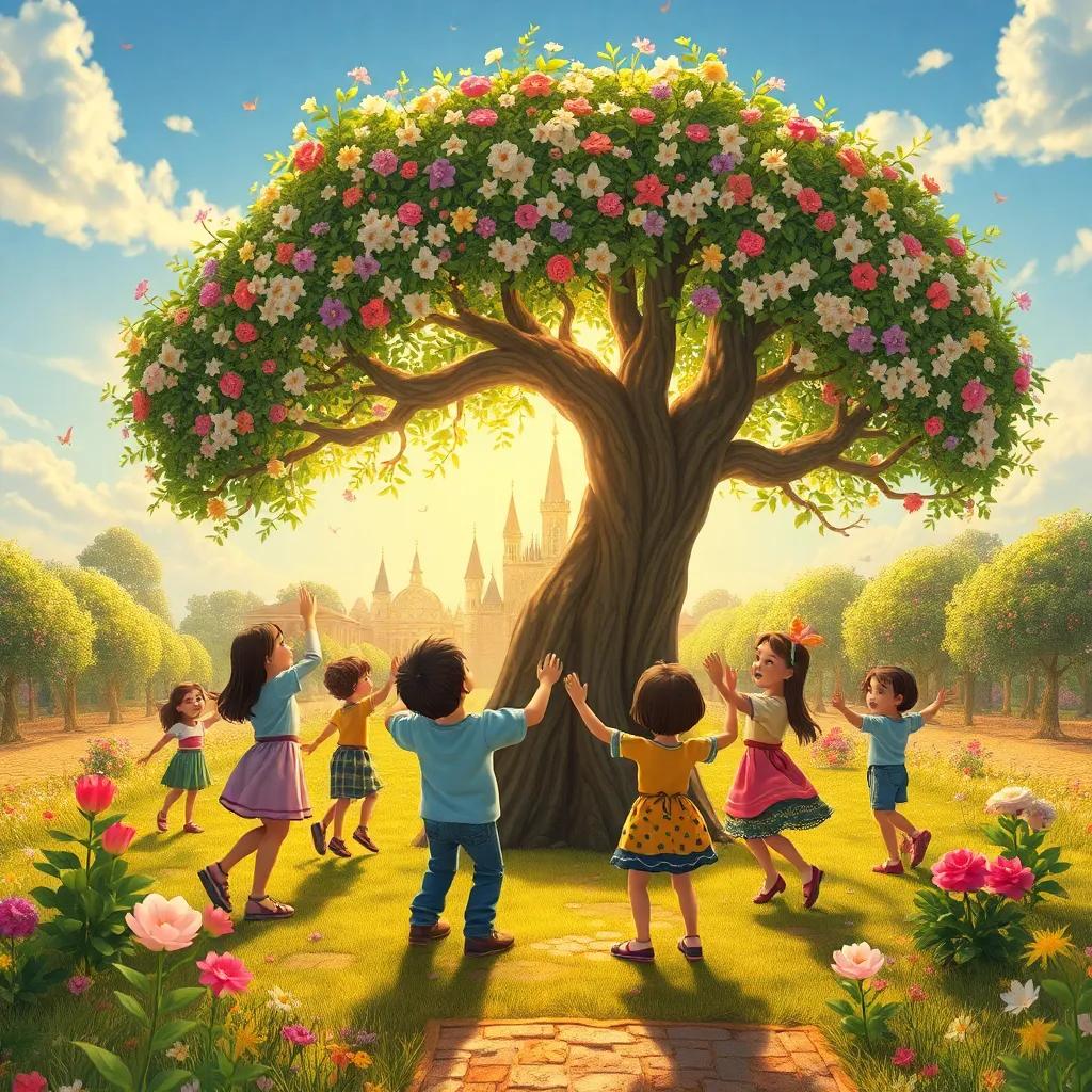 Un gran árbol de canto lleno de flores, niños tocando y bailando unidos, el reino de Floravia en el fondo, arte digital, alegre y comunitario