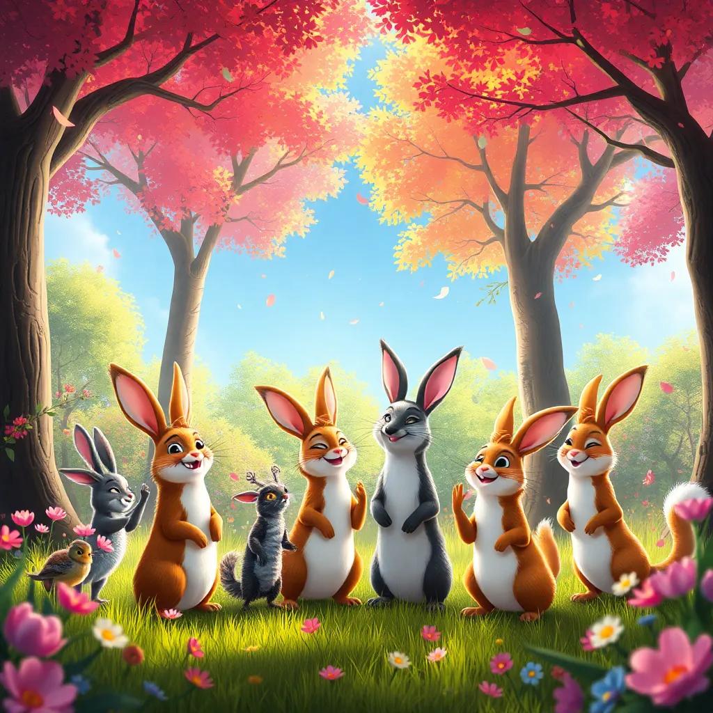 Un brillante día soleado en un bosque con árboles coloridos y flores, un grupo de diversos animales como conejos, ardillas y ciervos todos emocionados, celebración alegre, digital art, cálidos colores, atmósfera festiva, alta calidad