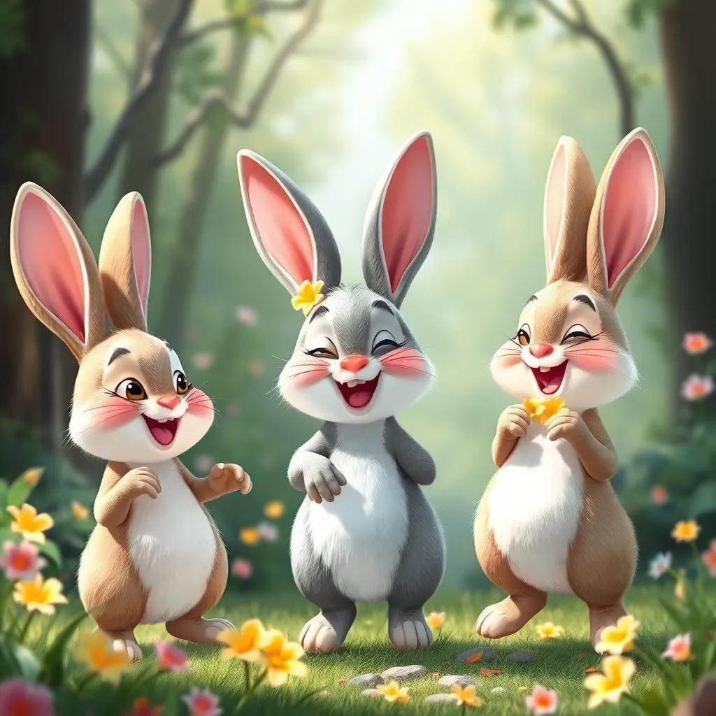 Varios conejos con lindas orejas y flores sosteniendo en sus patas, saltando felices en un claro del bosque, sonrisas amplias, alegría, digital art, brillante, colorido