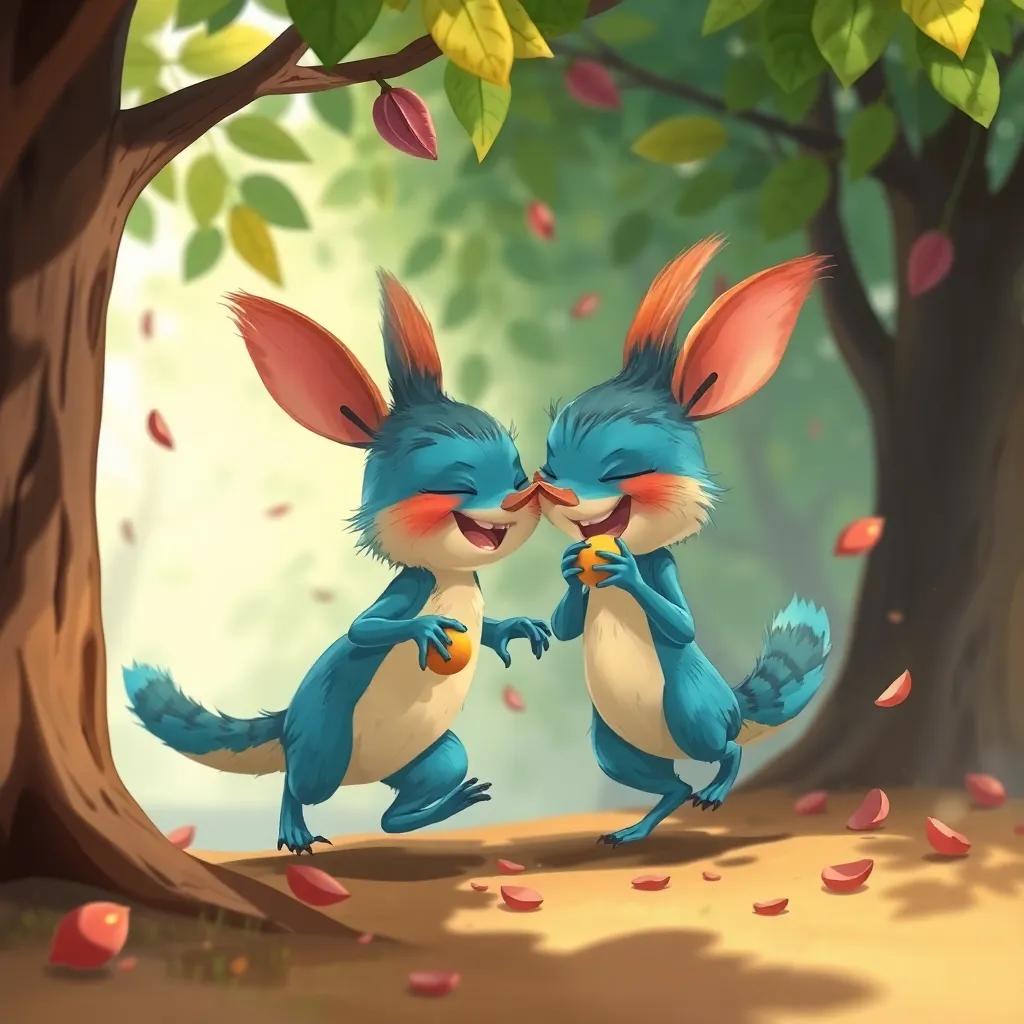 Ardillas corriendo por los árboles, llevando nueces y semillas, riendo mientras se abrazan entre ellos, ambiente alegre, ilustración colorida, encantador