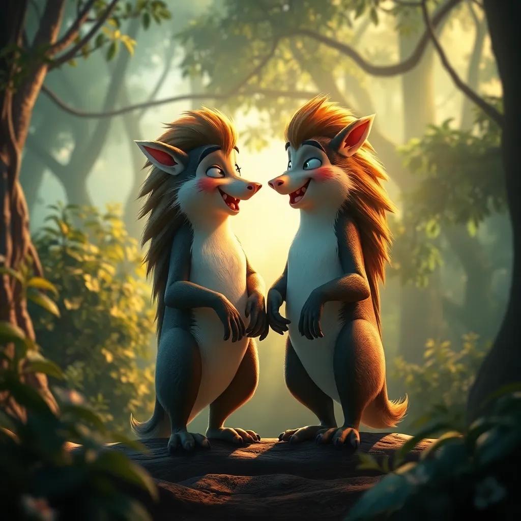 Ciervos majestuosamente de pie, moviendo sus cuernos, con sonrisas en sus rostros, mostrando la importancia del amor, bosque encantado, luz suave, estética amigable