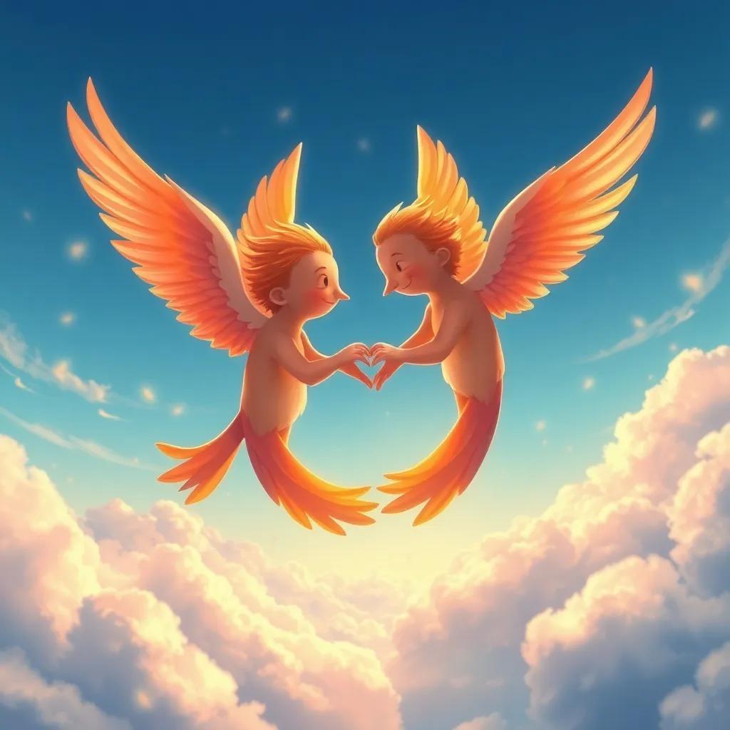 Pájaros volando en círculos por el cielo, formando corazones de amor con sus alas, llenos de alegría, digital painting, vibrante y feliz