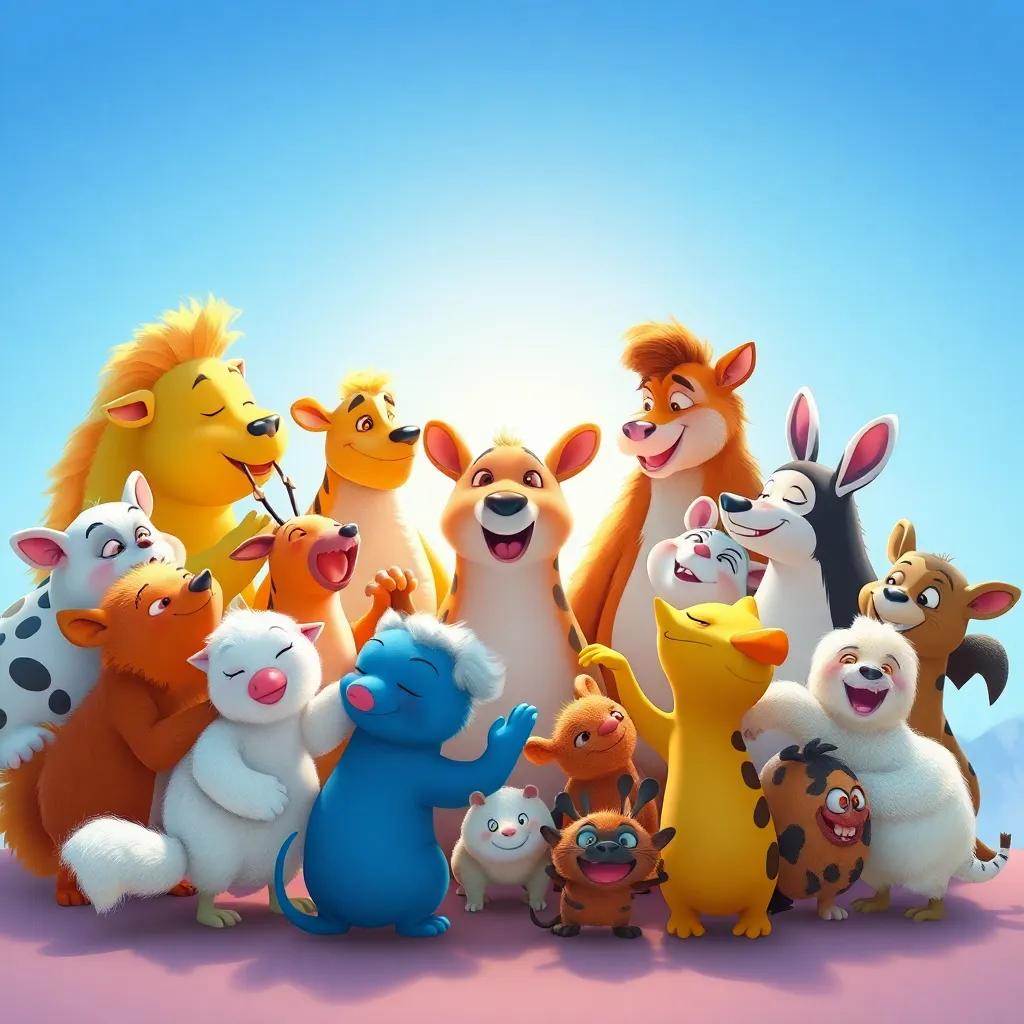 Un gran círculo de animales de diferentes tipos, preparándose para abrazarse entre ellos en un claro brillante, expresiones de felicidad, arte vibrante, encantador