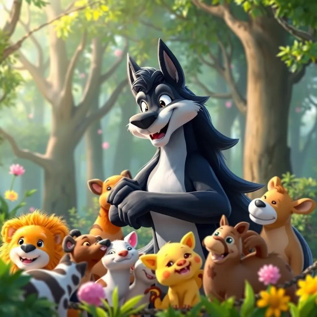 Un astuto zorro abrazando a todos los animales con su cola suave, el bosque lleno de risas y felicidad, arte digital, cálido y acogedor