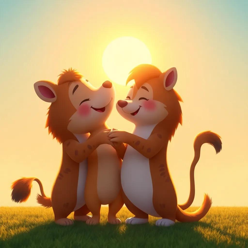 Animales riendo y bailando al final del día, cansados pero felices, despidiéndose con abrazos, con el sol poniendo un fondo dorado, dulce y tierno