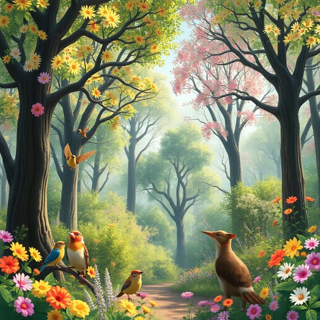 Un hermoso bosque lleno de árboles altos y flores brillantes, con animales como pájaros, ardillas y conejitos, todos emocionados por celebrar el Día de los Amigos Invisibles, arte digital, colores vibrantes, alegría en el aire, vista amplia