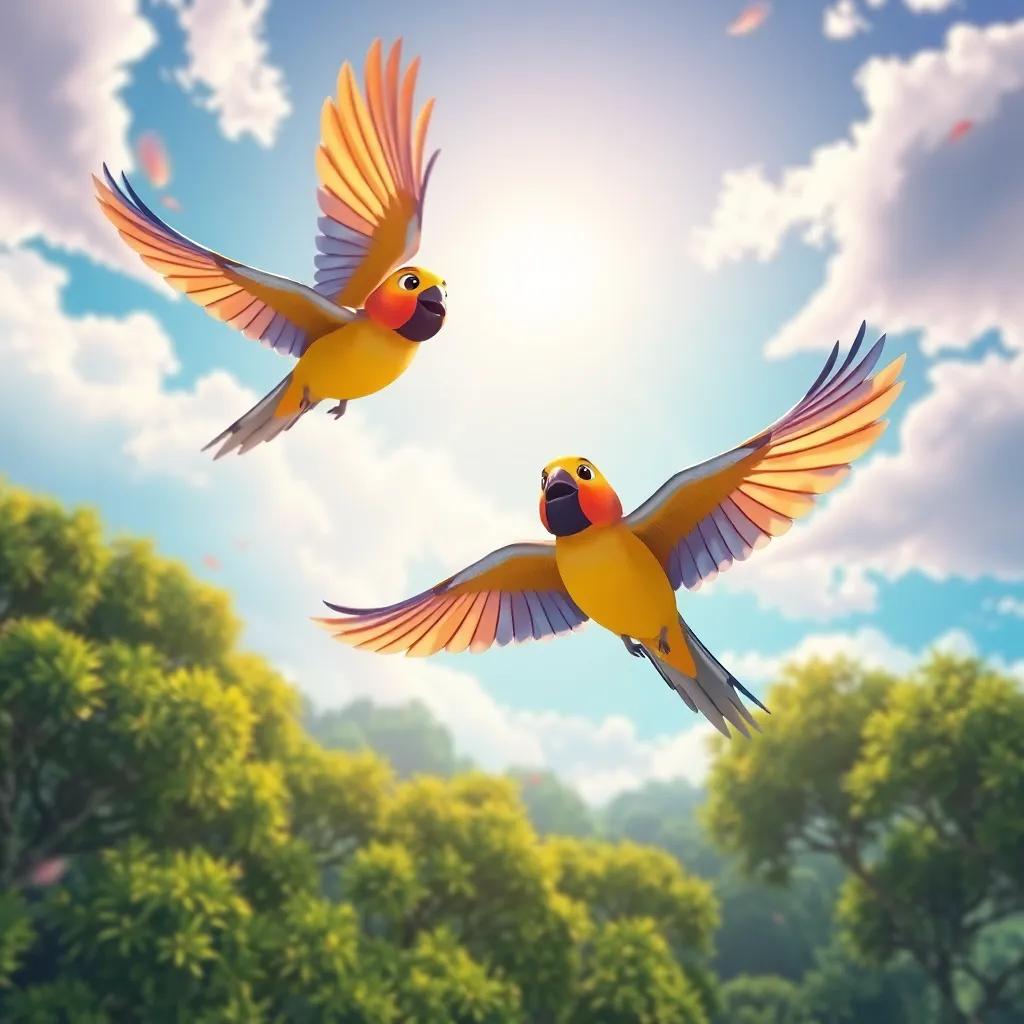 Pájaros coloridos volando alto en el cielo mientras cantan melodías alegres, con el sol brillando y el bosque bajo ellos, digital art, vibrante y alegre, perspectiva aerea