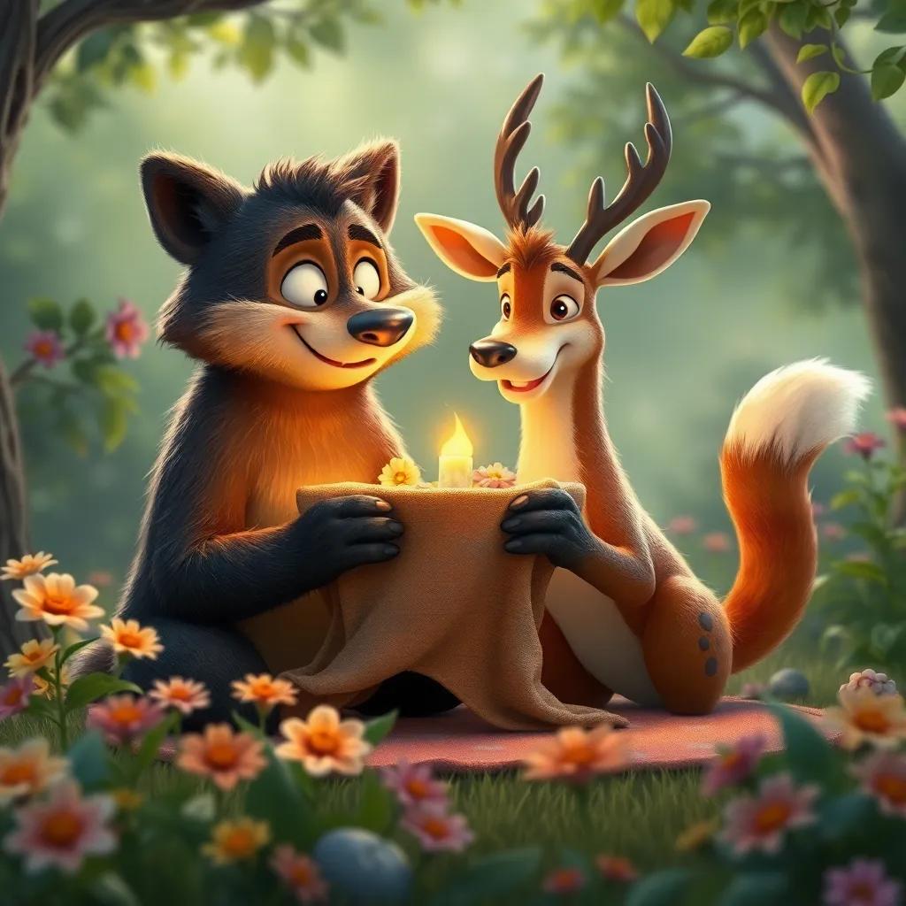 El oso Bruno y el ciervo Dario preparándose con una manta y flores, rodeados de naturaleza, sonriendo y organizando su área de fiesta, arte digital, detallado, cálido y acogedor