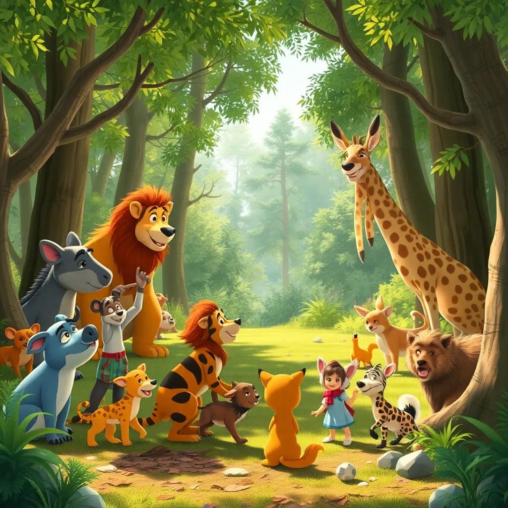 Todos los animales reunidos en un claro del bosque, riendo y jugando con los niños que llegan, una escena emocionante llena de vida y felicidad, ilustración, alegre y vibrante