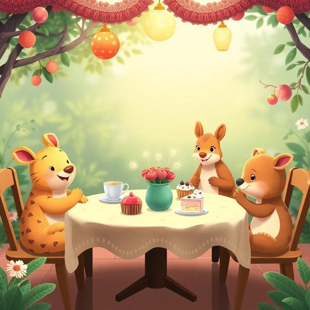 Una merienda deliciosa con frutos y postres dulces, animales sirviéndose con alegría en una mesa decorada, rodeados de naturaleza, ilustración, cálida y acogedora, en un ambiente festivo