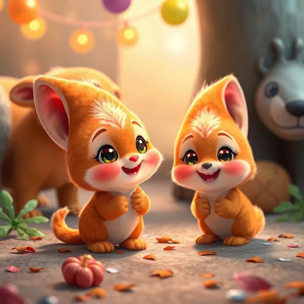 Pequeños conejitos con ojos brillantes llenos de alegría, agradeciendo a los animales en un entorno festivo, arte digital, emotivo y esperanzador