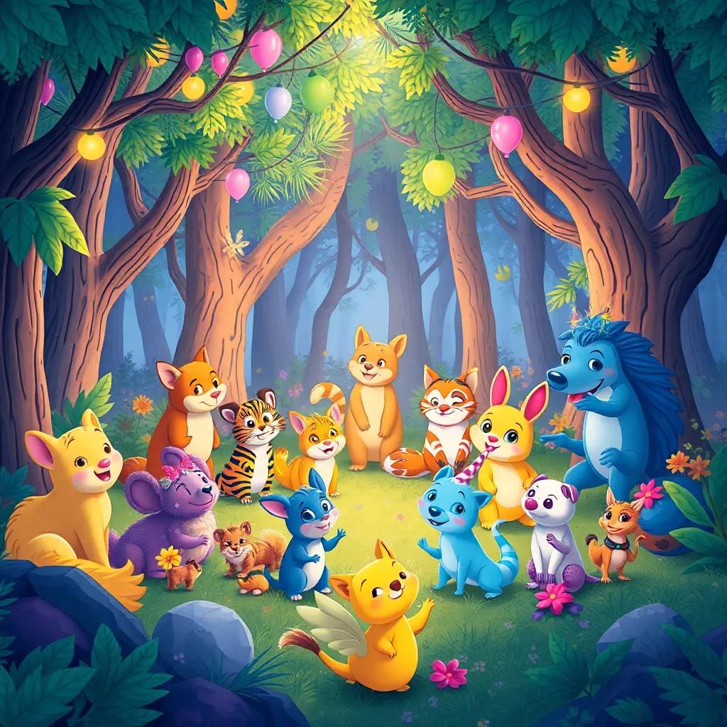 Un bosque lleno de animales felices celebrando el Día de los Amigos Invisibles, con un ambiente festivo y colorido, ilustración, lleno de alegría y amistad en cada rincón.