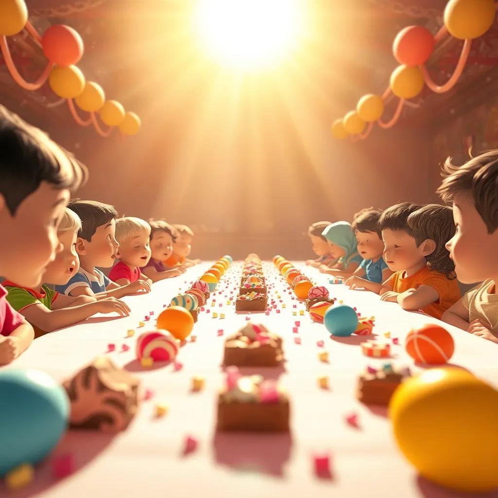 Una mesa grande llena de gomitas, chocolates y piruletas, con niños esperando para probarlos, el sol brilla sobre ellos, estilo festivo, alegre, cálidos colores, perspectiva enfocada, alta calidad