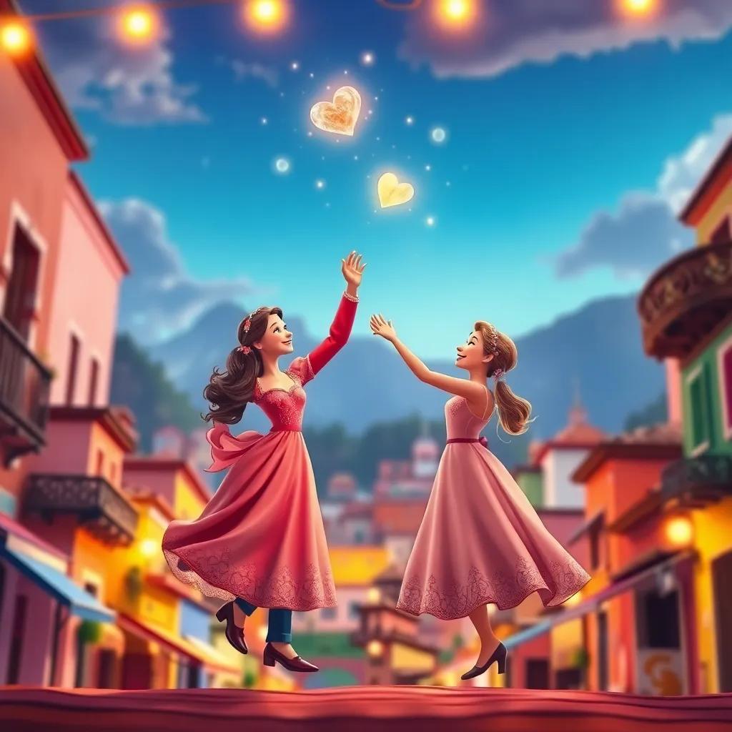 María y Juan, tomados de las manos, saltando mientras un dulce mágico brilla en el aire, sobre un fondo colorido del pueblo, estilo divertido, digital art, colores brillantes, perspectiva mágica, alta calidad