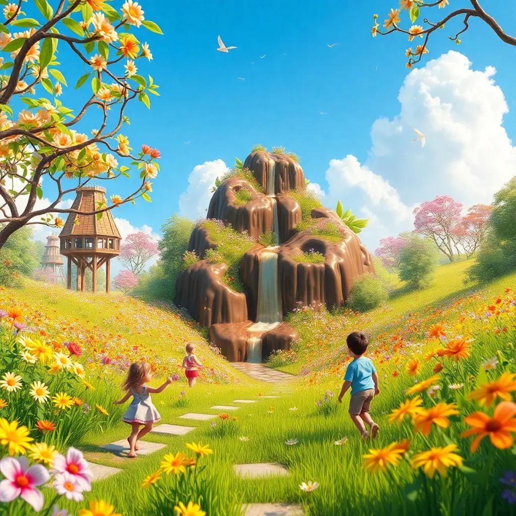 Un campo lleno de flores donde hay una cascada de chocolate, niños riendo y jugando alrededor, un mundo encantado, estilo alegre, colores brillantes, perspectiva mágica, alta calidad