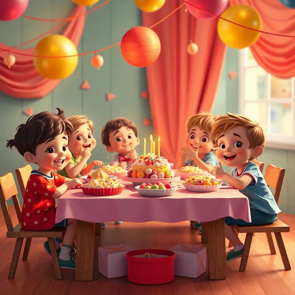 Una mesa llena de dulces preparados para la fiesta, con niños felices compartiendo con entusiasmo, ambiente festivo, estilo infantil, colores cálidos, alegre, alta calidad