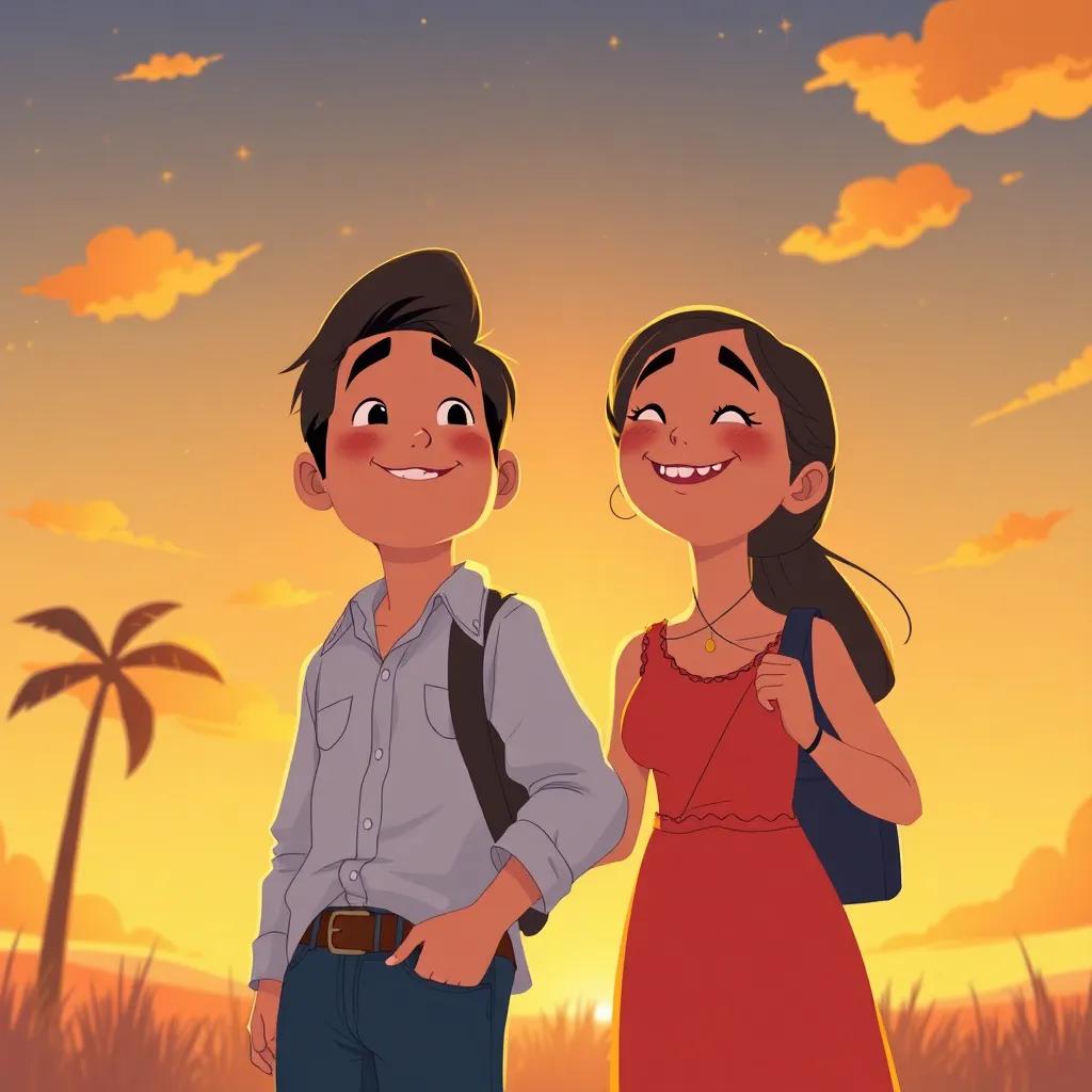 Juan y María, cansados pero felices, regresan a casa con sonrisas, el cielo de naranja por el atardecer, estilo artístico, ilustración cálida, alta calidad
