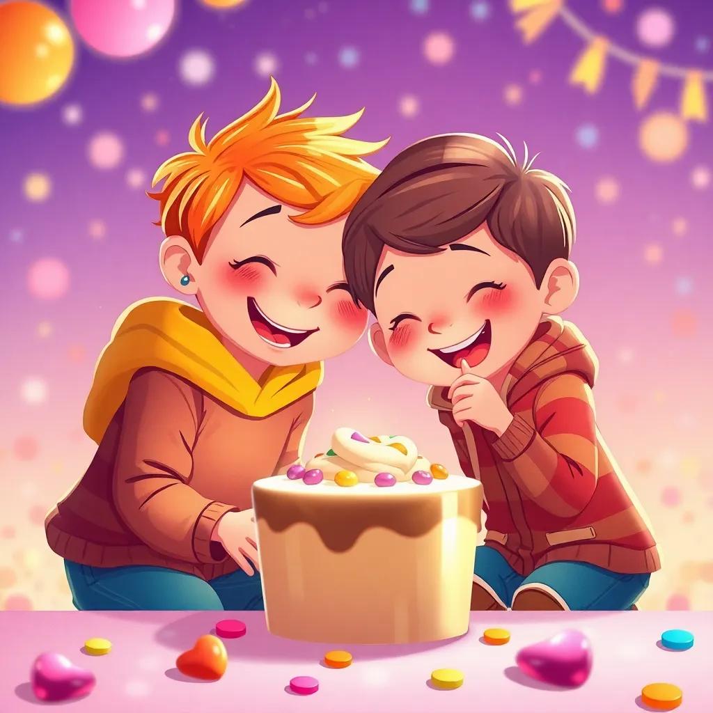 Un recuerdo del día de los dulces, niños abrazándose y disfrutando amistosamente, fondo festivo, estilo alegre, colores cálidos y vibrantes, alta calidad