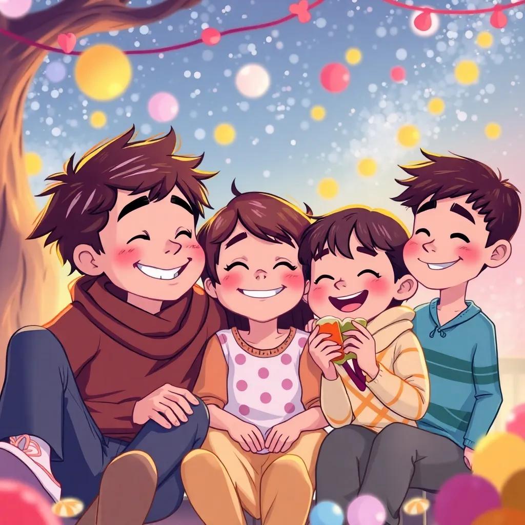 Los niños, todos juntos, riendo y recordando sus aventuras llenas de dulces y amistad, estilo dulce, ilustración inspiradora, colores suaves, alta calidad