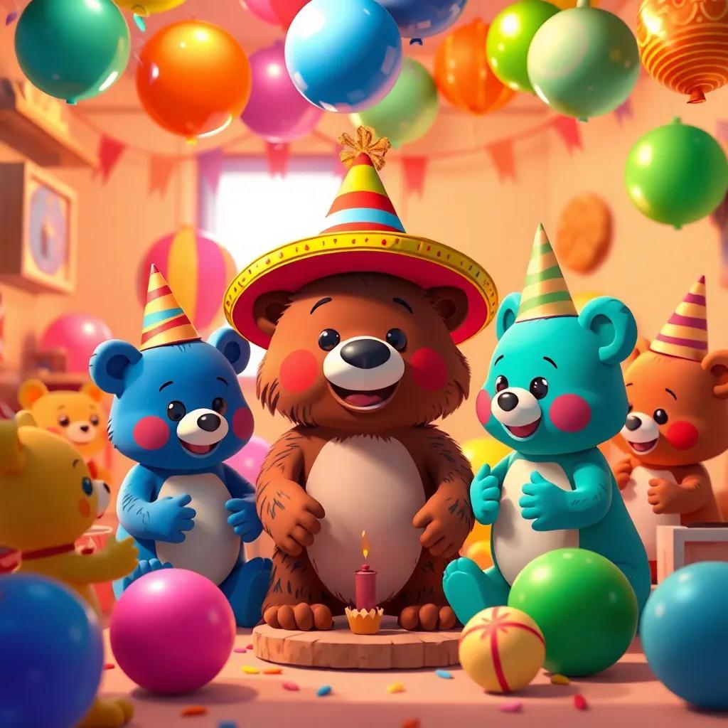Un grupo de juguetes, incluyendo un oso de peluche llamado Pablo con un sombrero colorido, están preparando una fiesta en un cuarto lleno de globos y adornos, estilo ilustración feliz y colorida, ambiente cálido, colores vibrantes, perspectiva alegre, arte digital, alta calidad