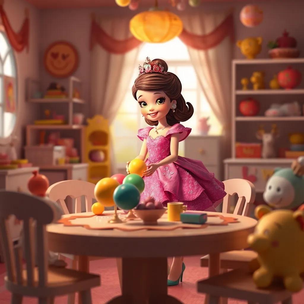 La muñeca Sofía, con un vestido rosa brillante, sosteniendo globos de colores, sonriente mientras decora una mesa en un cuarto lleno de juguetes, estilo ilustración infantil, luz suave, colores pastel, perspectiva cercana, arte digital, alta calidad