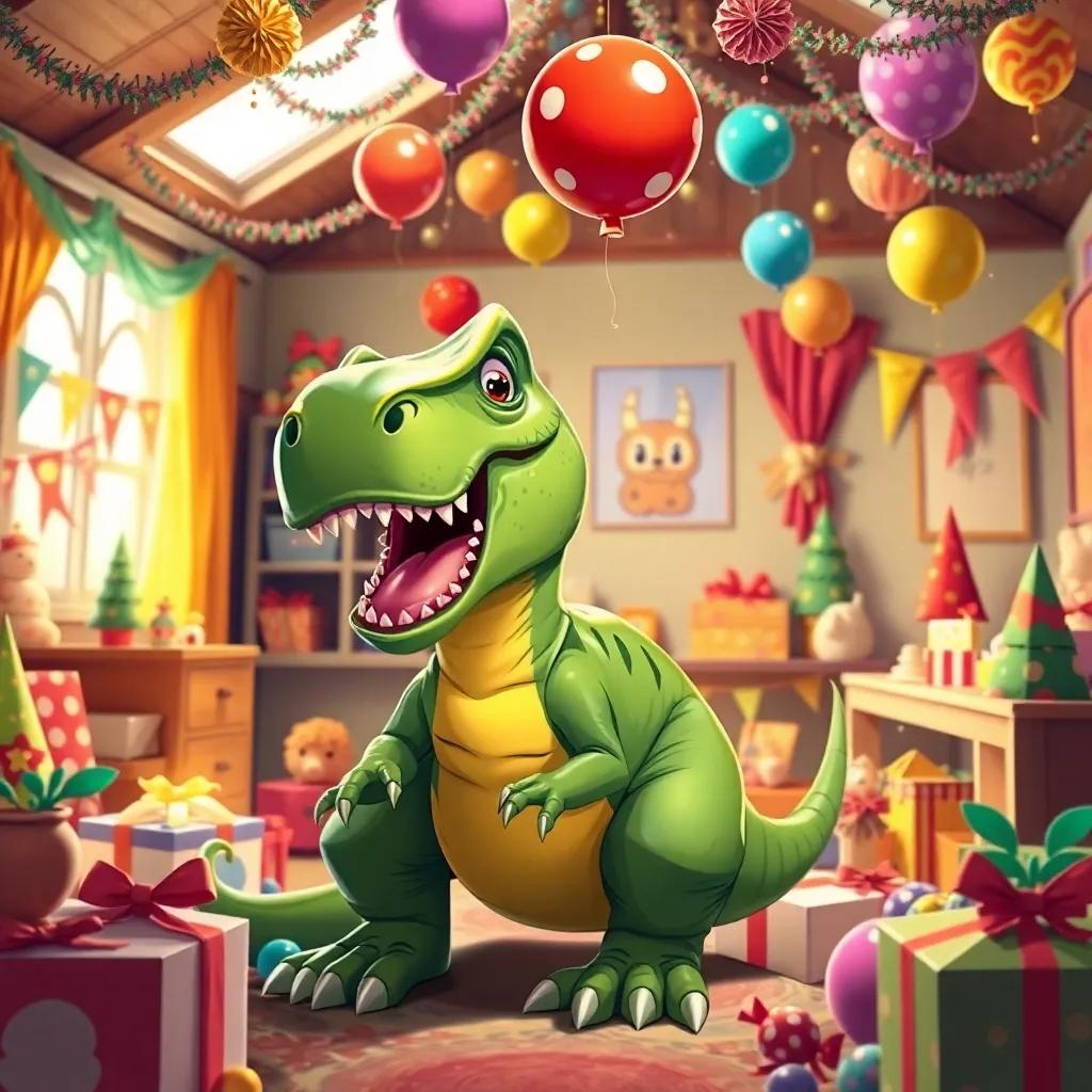 Un dinosaurio T-Rex llamado Dino, alegremente colgando globos en el techo, en un cuarto lleno de juguetes y decoraciones festivas, estilo caricaturesco, colores brillantes, perspectiva dinámica, arte digital, alta calidad