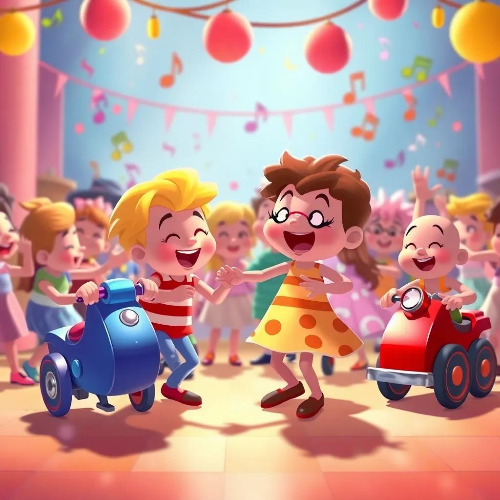 Varios juguetes bailando en una fiesta, con música de fondo, carritos de carreras haciendo ruido y juguetes riendo juntos, estilo ilustración animada, colores vivos, perspectiva amplia, arte digital, alta calidad