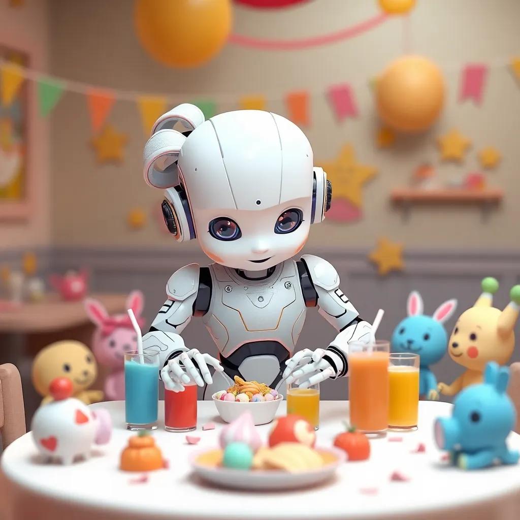 La robotita Lila organizando una mesa de comida con pastelitos y refrescos, rodeada de juguetes felices, en un ambiente festivo, estilo alegre, colores cálidos, perspectiva acogedora, arte digital, alta calidad