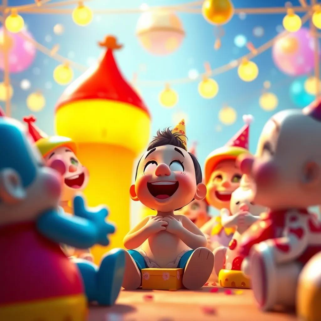 Un momento festivo con todos los juguetes felices, Pablo gritando que la fiesta ha comenzado, juguetes riendo y disfrutando, estilo alegre, luz brillante, colores vibrantes, perspectiva festiva, arte digital, alta calidad