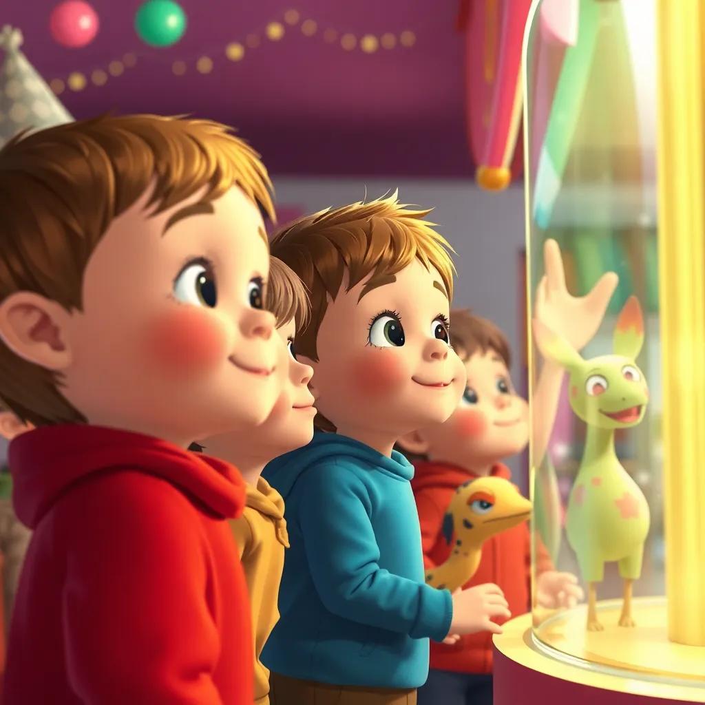 Niños mirando de lejos a los juguetes que están vivos y celebrando, sus rostros llenos de sorpresa y alegría, en un ambiente de fiesta, estilo ilustración encantadora, luz suave, colores alegres, perspectiva mágica, arte digital, alta calidad