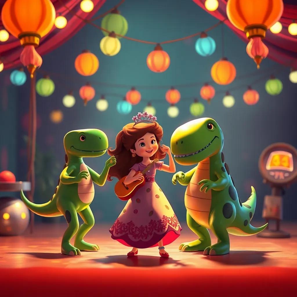Los juguetes bailando y jugando, con Sofía y Dino jugando a las escondidas, un ambiente vivo y festivo, estilo ilustración feliz, luces brillantes, colores alegres, perspectiva juguetona, arte digital, alta calidad