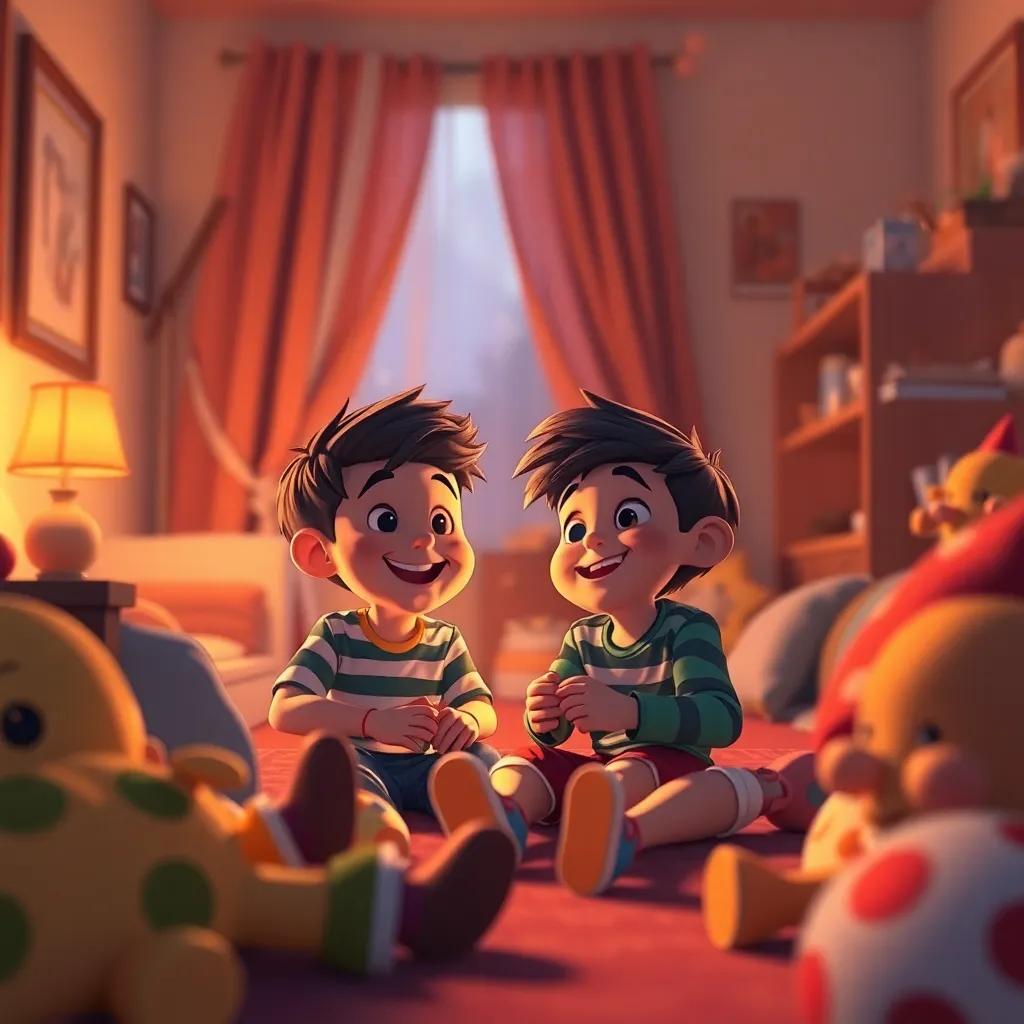 Los juguetes cansados pero felices después de la fiesta, en un cuarto lleno de risas y recuerdos, Pablo diciendo que mañana será otro día, estilo inspirador, luz cálida, colores suaves, perspectiva nostálgica, arte digital, alta calidad