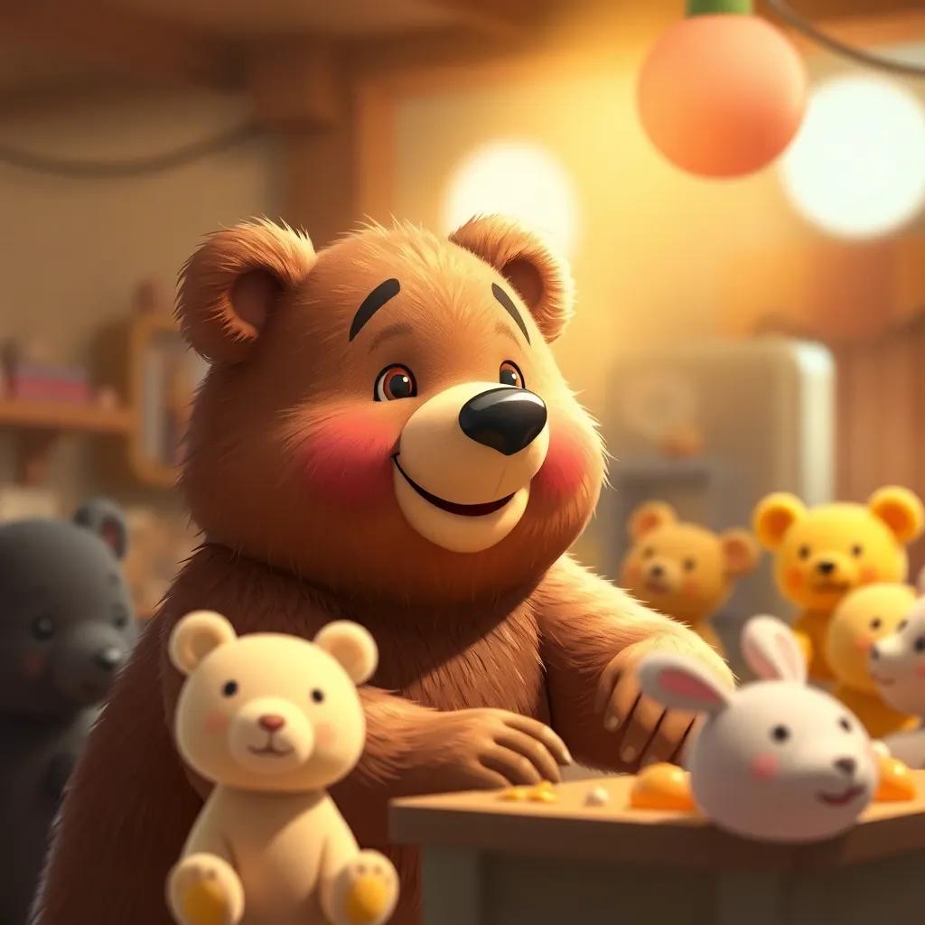 Pablo, el oso de peluche, con una sonrisa en su cara, asegurándose que todos los juguetes estén felices, en un ambiente acogedor, estilo ilustración tierno, luz suave, colores pasteles, perspectiva entrañable, arte digital, alta calidad
