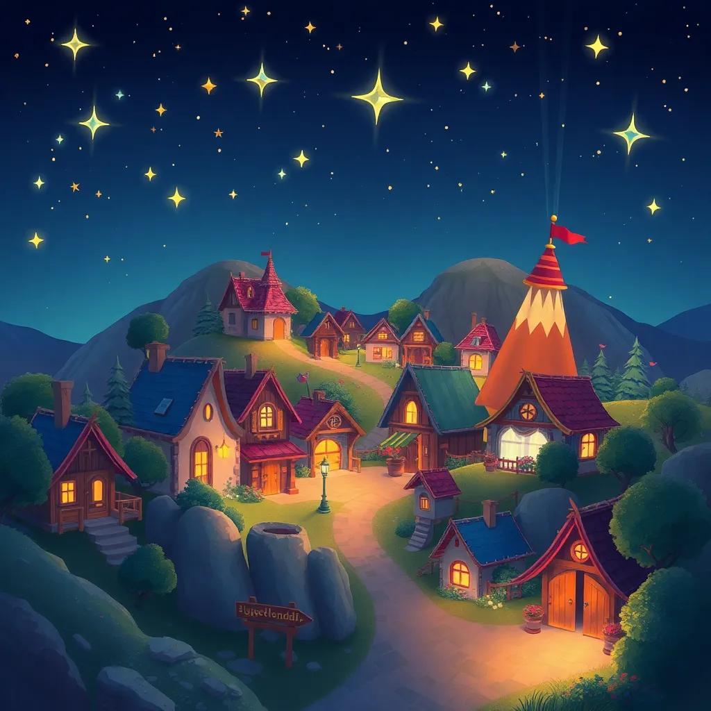 Un pequeño pueblo llamado Juguetelandia de noche, con casas acogedoras y estrellas brillantes en el cielo, ilustración colorida, atmósfera mágica y alegre, alta calidad