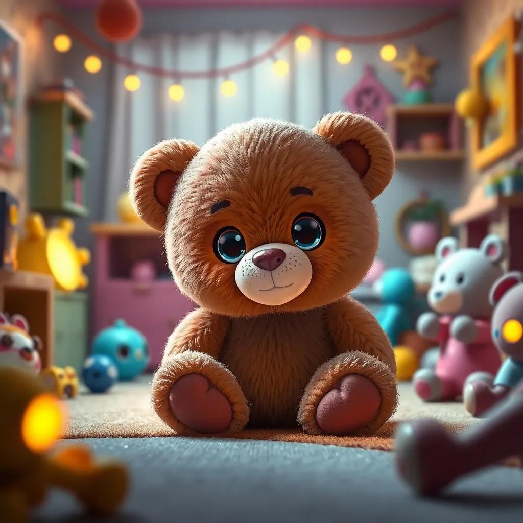 Un osito de peluche, Teddy, con ojos brillantes, de pie en una habitación iluminada con juguetes alrededor, arte digital, colorido, juguetón, perspectiva cercana