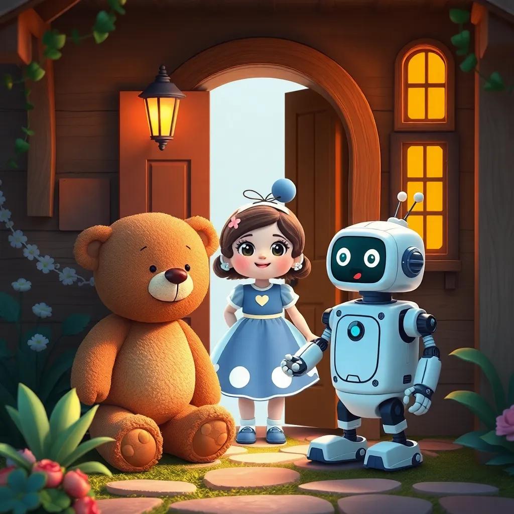 Teddy, Sofía (una muñeca con un lindo vestido) y Max (un robot plateado) sonriendo y saliendo de una casa encantadora, arte infantil, feliz, amistoso