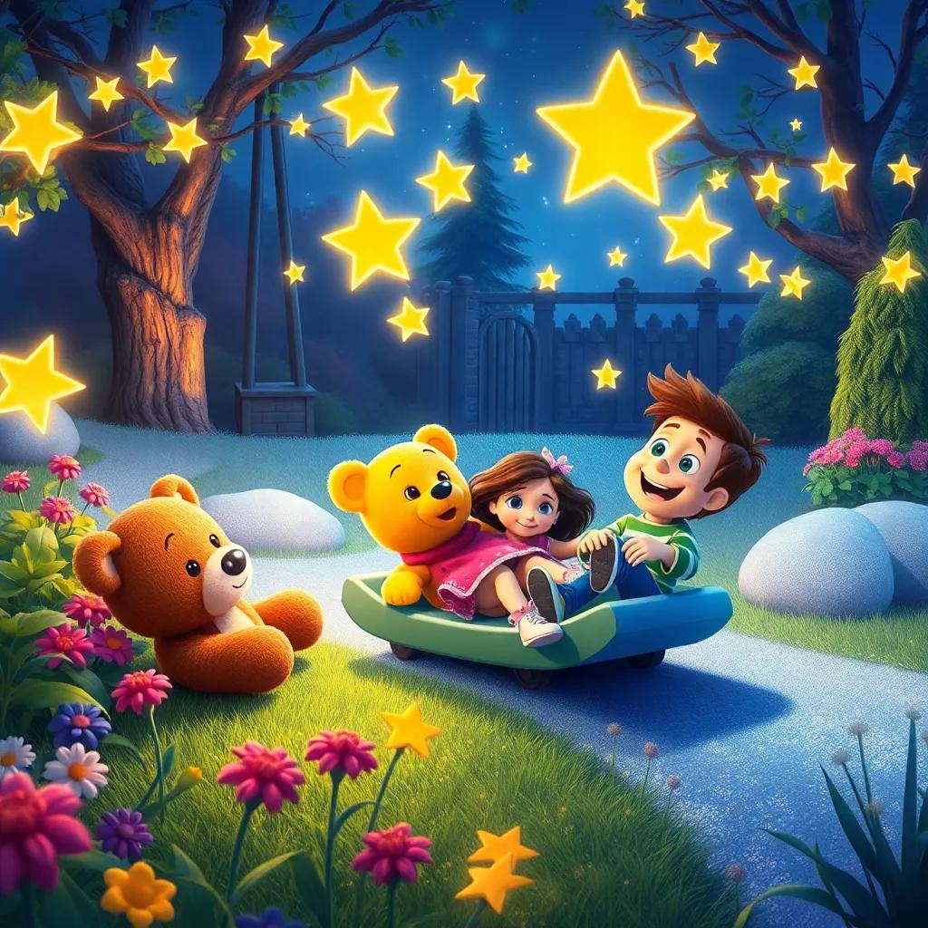 Un jardín de noche con un tobogán de estrellas, Teddy, Sofía y Max deslizándose y riéndose, escena mágica, colores vibrantes, alegre
