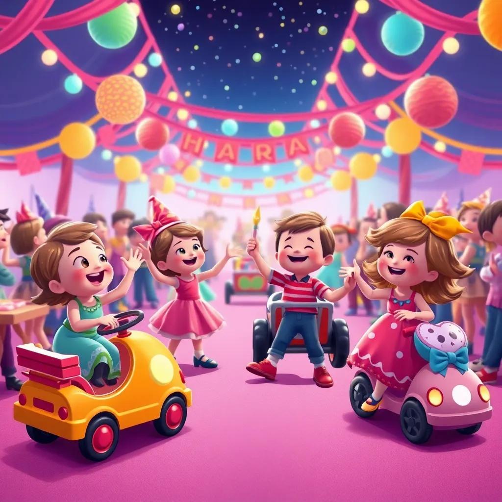 Una fiesta de juguetes felices bailando y jugando, con carritos de juguete y otros juguetes en una pista decorada, ilustración festiva, dinámica y colorida