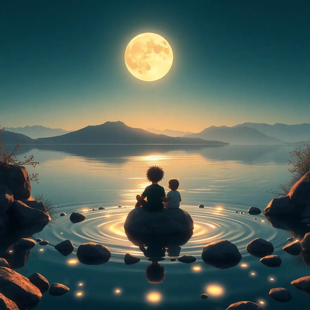 Un lago a la luz de la luna, con reflejos brillantes y juguetes sentados en la orilla observando, paisaje sereno, suave y encantador, arte digital