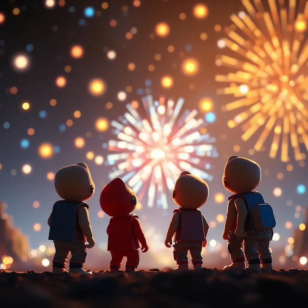 Un grupo de juguetes mirando hacia un espectáculo de luces brillantes en el cielo, la escena es mágica, llena de sorpresa y alegría, calidad artística, impactante