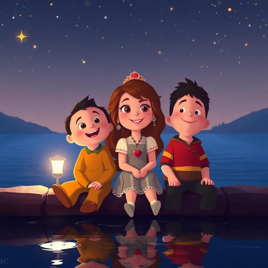 Teddy, Sofía y Max sentados en la orilla del lago, admirando las luces, con expresiones felices y brillantes, narrativa alegre, calidad de ilustración, tierna