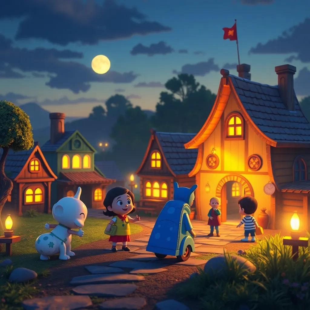 Un amanecer en el pueblo de Juguetelandia, con los juguetes regresando a su lugar, escena llena de luz cálida, nostálgica y feliz, ilustración mágica