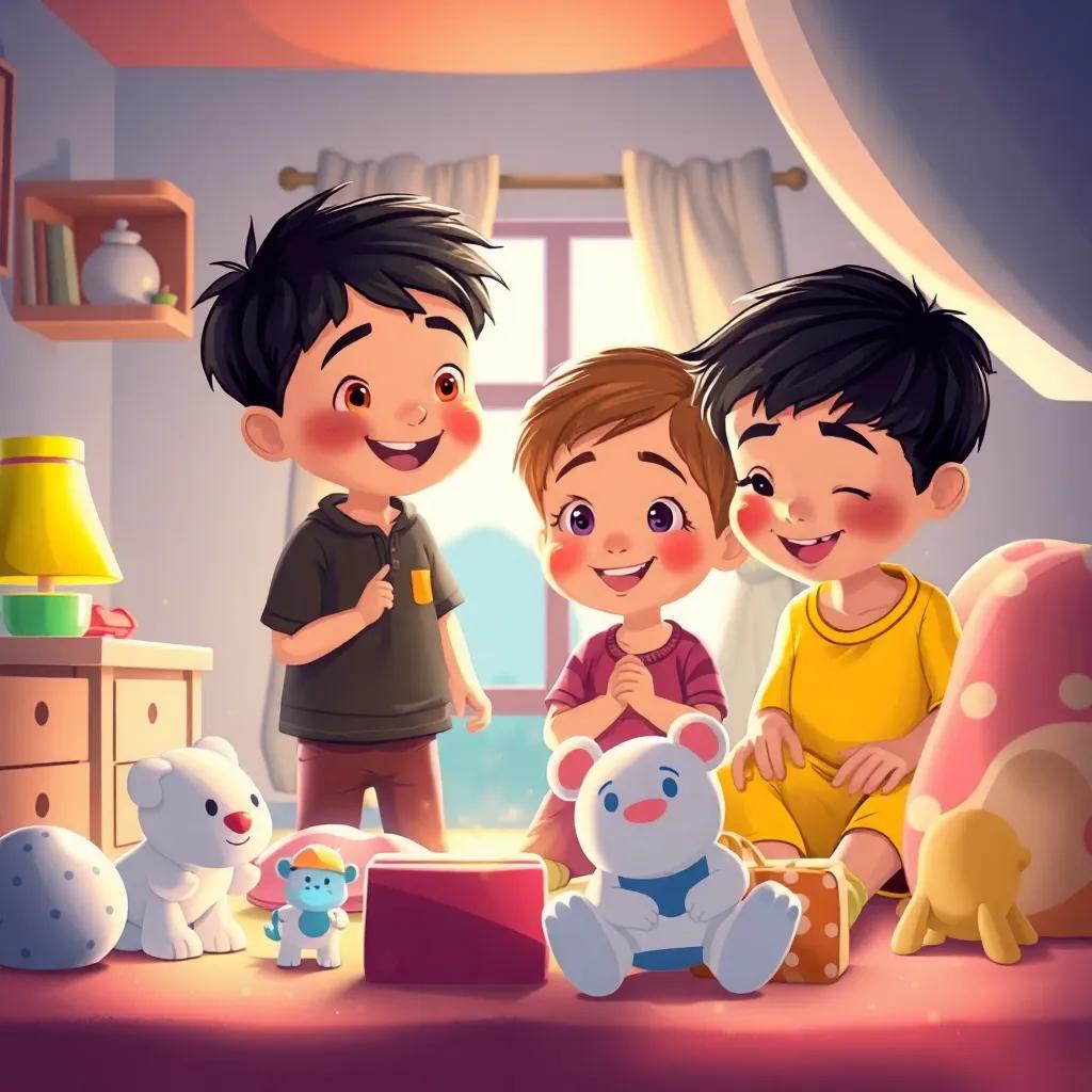Los niños despertando y encontrando a sus juguetes en su lugar, en una habitación luminosa y alegre, con sonrisas en sus caras, ilustración tierna, despertar mágico