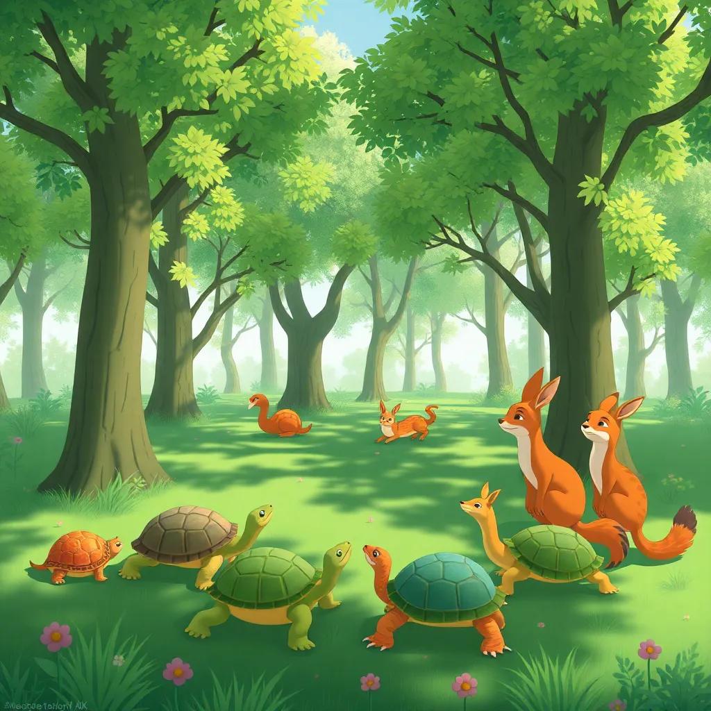 Un soleado bosque con árboles verdes, animales felices como conejos, tortugas, zorros y ciervos reunidos en un círculo, riendo y sonriendo, estilo alegre, color vibrante, perspectiva amplia, arte digital, alta calidad