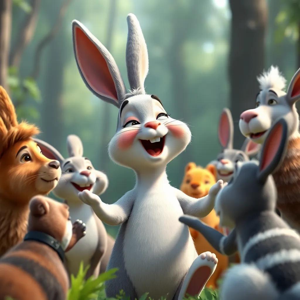 Un conejo de pelaje suave y blanco, sonriendo y con los brazos abiertos, listo para dar un abrazo, rodeado de otros animales que se acercan a saludarlo, colorido, animado, fondo de bosque