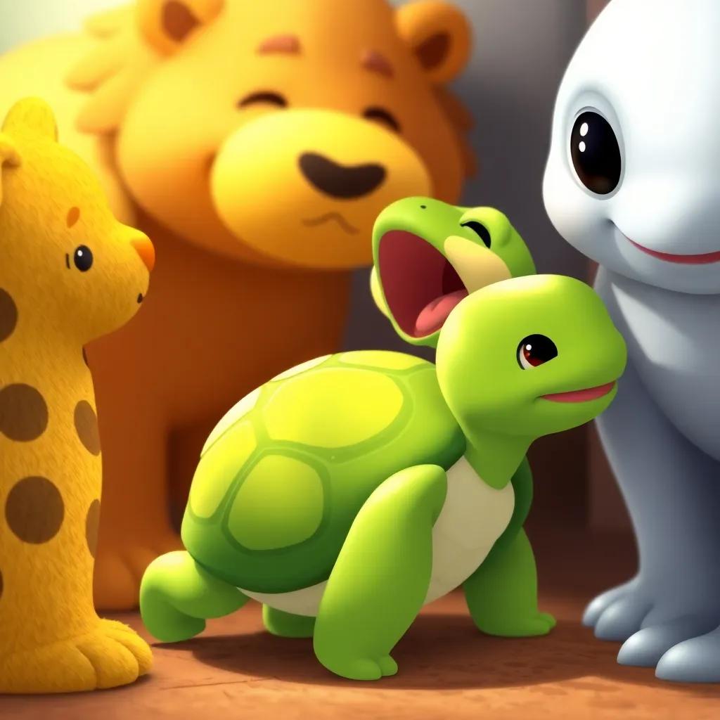 Una tortuga de caparazón verde, sonriendo mientras recibe abrazos de otros animales, estilo infantil, ilustración alegre, colores cálidos, perspectiva cercana, arte amigable